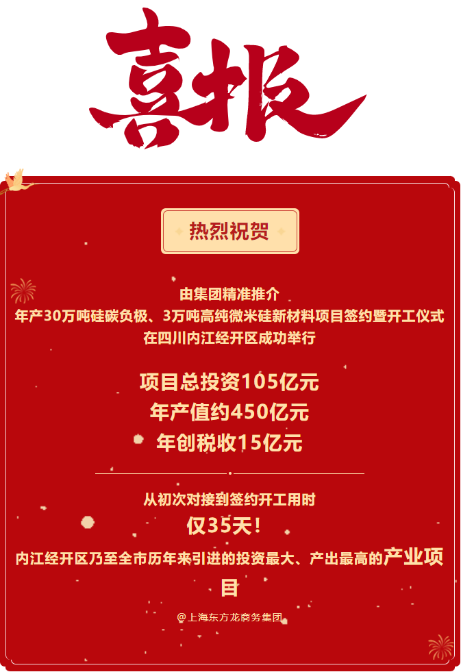 熱烈祝賀  由集團(tuán)精準(zhǔn)推介  年產(chǎn)30萬噸硅碳負(fù)極、3萬噸高純微米硅新材料項目簽約暨開工儀式在四川內(nèi)江經(jīng)開區(qū)成功舉行    項目總投資105億元  年產(chǎn)值約450億元  年創(chuàng)稅收15億元     從初次對接到簽約開工用時 僅35天！ 內(nèi)江經(jīng)開區(qū)乃至全市歷年來引進(jìn)的投資最大、產(chǎn)出最高的產(chǎn)業(yè)項目 @上海東方龍商務(wù)集團(tuán)